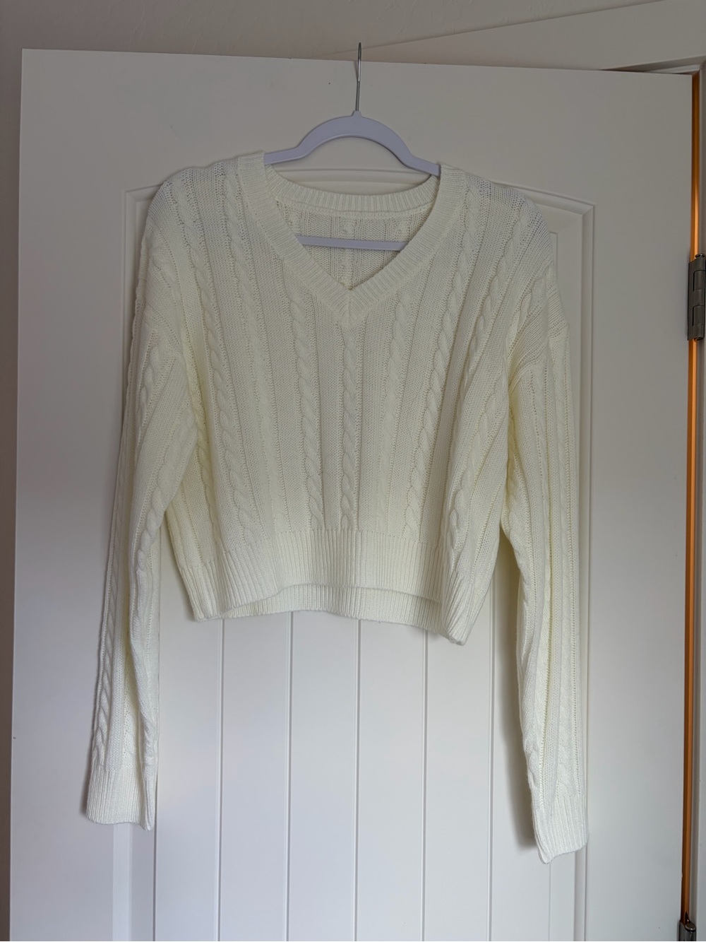 SHEIN Ivory Cable V-Neck Cropped Sweater